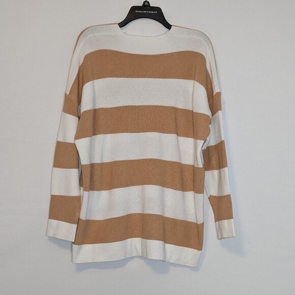 REBORN J Tan/White Striped V-Neck Rib-Knit Long Sleeved Sweater; Size L - Picture 2 of 5